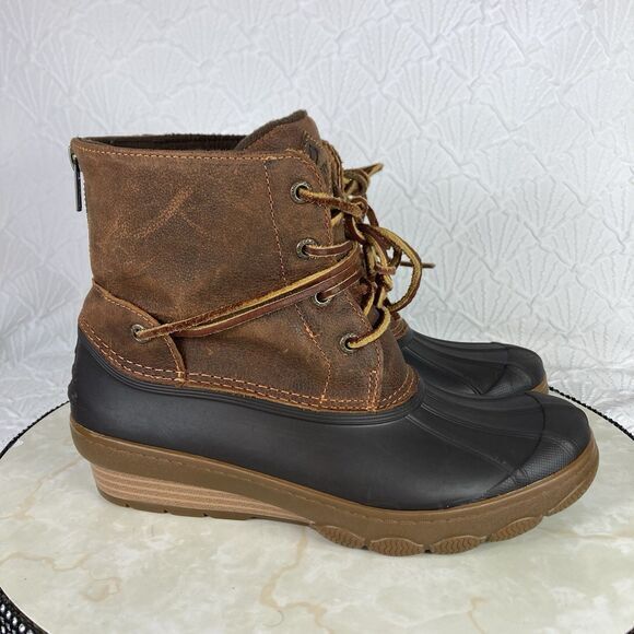 Sperry Duck Boots Womens Size 7 Black Brown Leather Outdoor Rubber Rain Booties - Picture 4 of 15